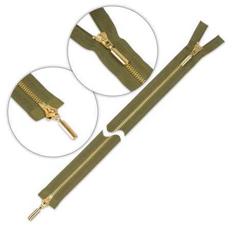 Zamek błyskawiczny 90 cm metalowy dwusuwakowy Zielony-Khaki - złoty