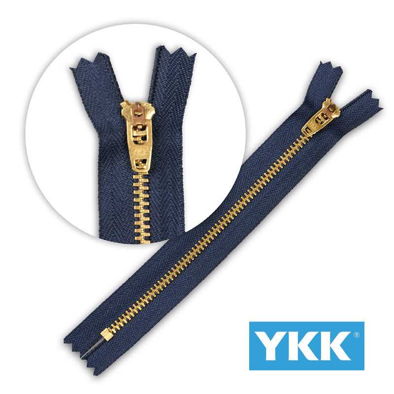 Zamek błyskawiczny 8 cm metalowy do jeansu do spodni granatowy złoty Ykk