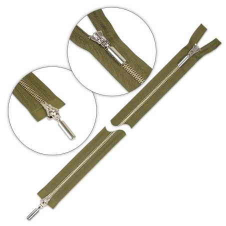 Zamek błyskawiczny 75 cm metalowy dwusuwakowy Zielony-Khaki - srebrny